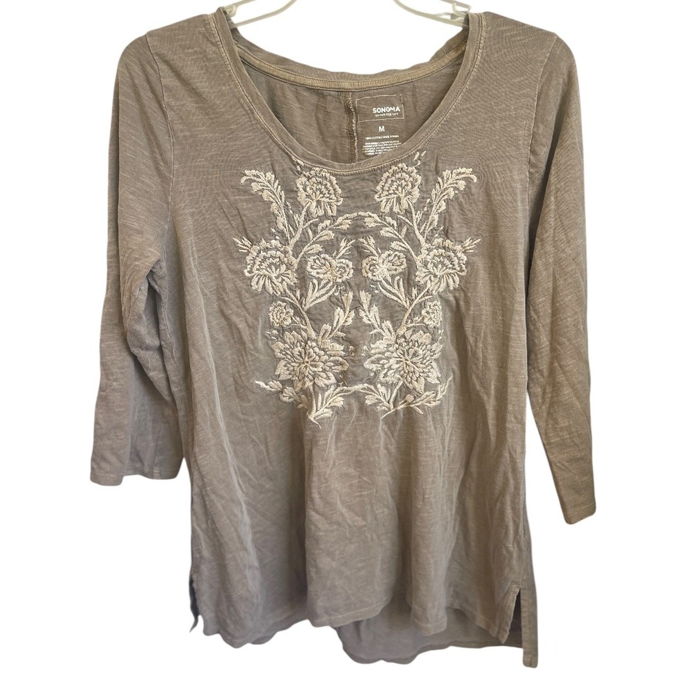 Sonoma Boho Embroidered Beige Long Sleeve Cotton Topโ M